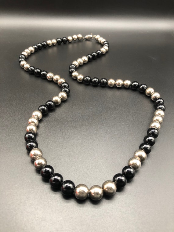 Sterling Silver and Black Onyx Pearl Bead Necklace From Italy