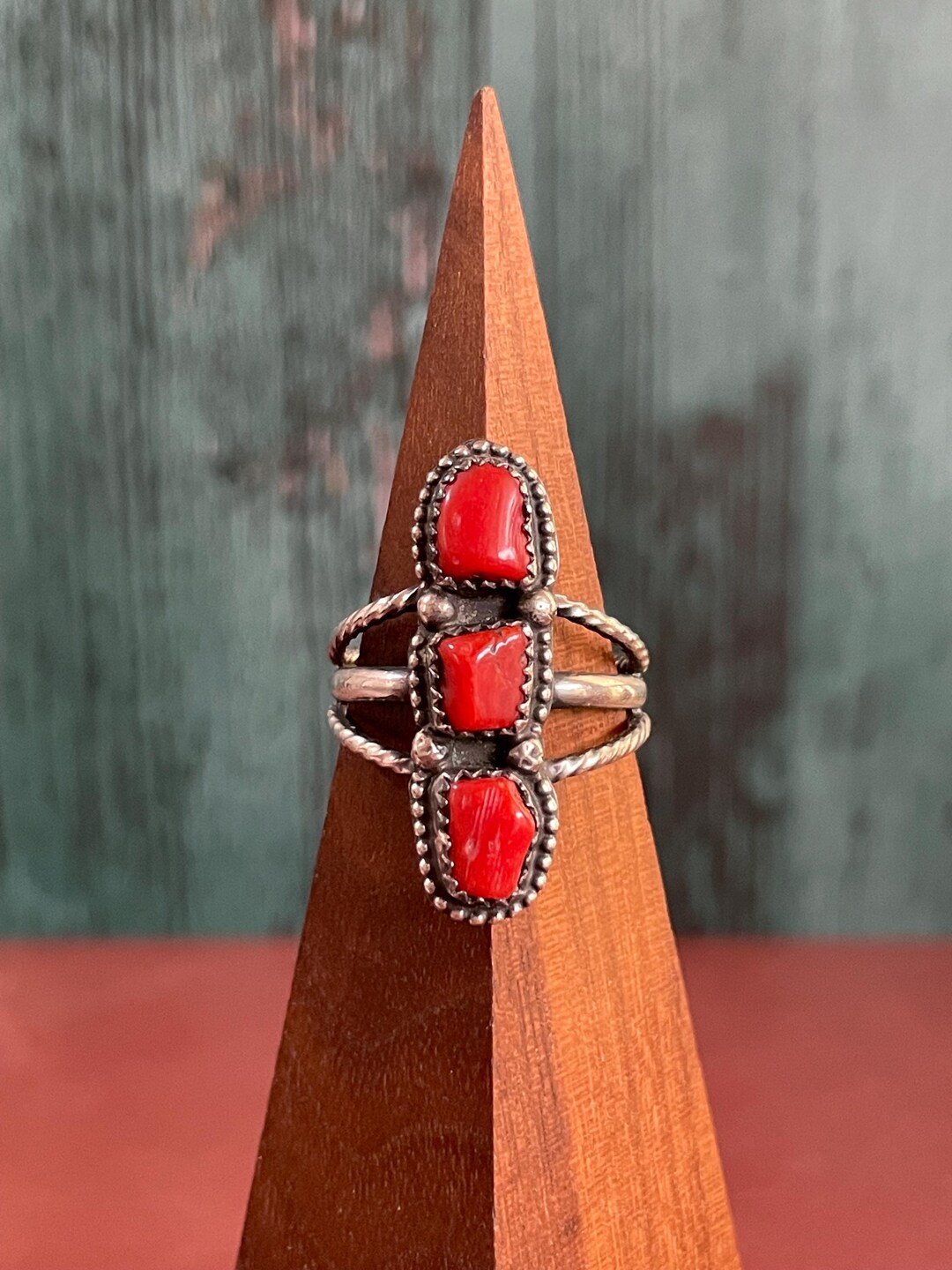 Amazing Sterling Silver & Blood Red Coral Running Bear Ring Vintage ...