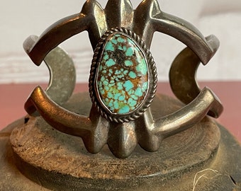 Unisex Amazing Gem Quality Turquoise Sterling Silver Native American Sandcast Cuff Bracelet