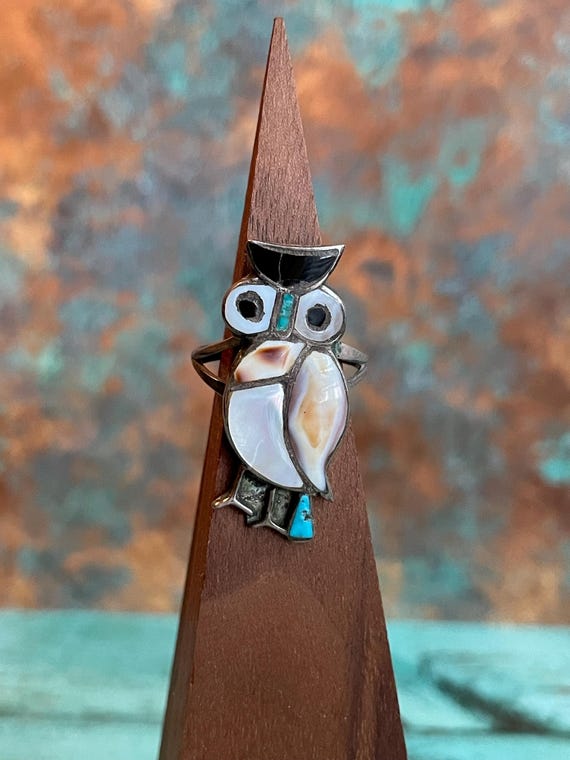 Native American Very Intricate Owl Vintage Zuni Turquoise Inlay Sterling Silver Ring Native American Very Intricate Owl Vintage Zuni Turquoise Inlay Sterling Silver Ring