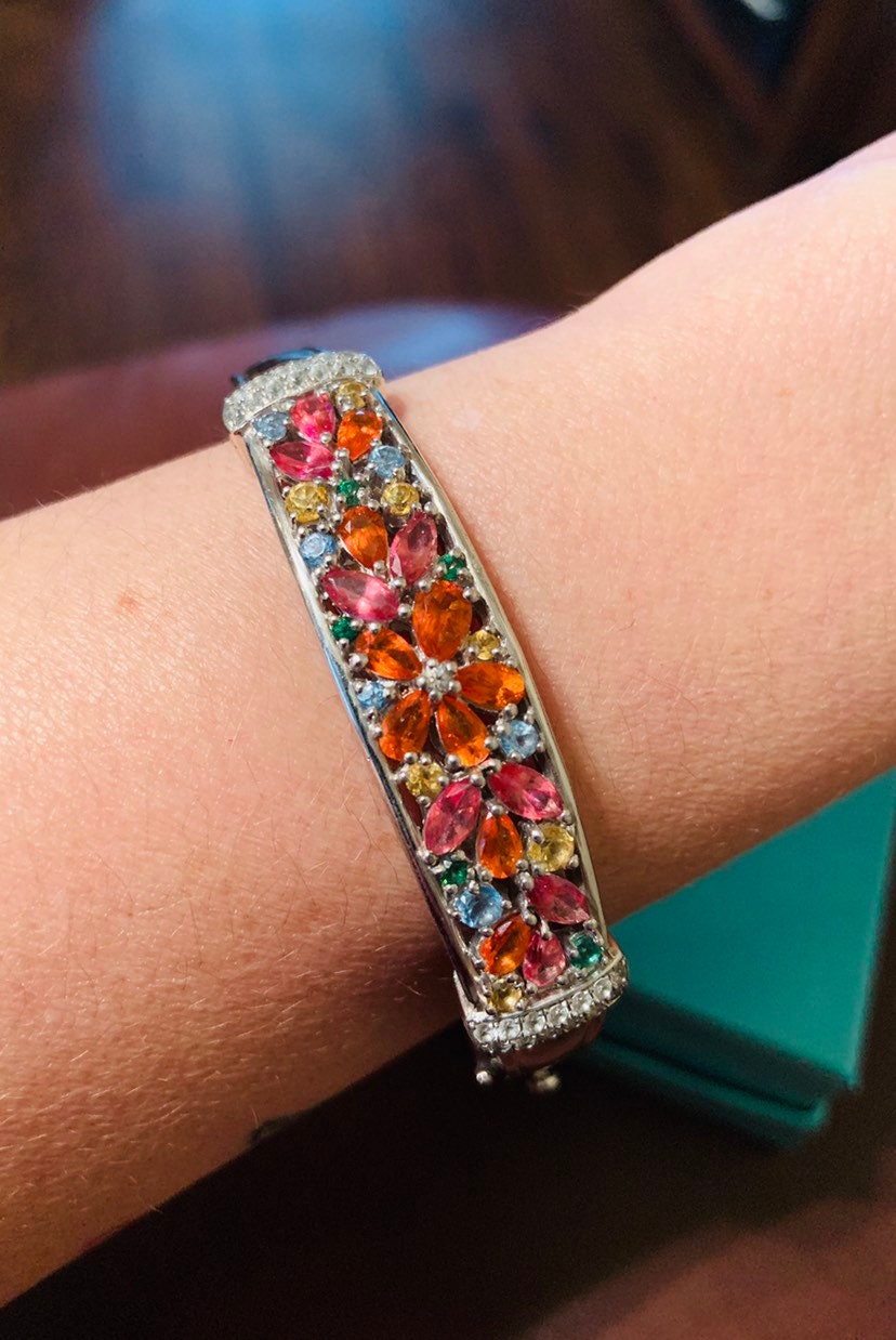AFFY Multi Color Simulated Gemstones Flower with Bird Bangle Bracelets in Sterling Silver AFFY Multi Color Simulated Gemstones Flower with Bird Bangle Bracelets in Sterling Silver
