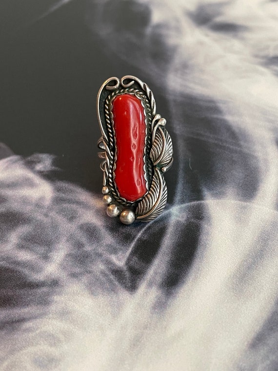 Amazing Navajo Sterling Silver & Blood Red Coral … - image 2