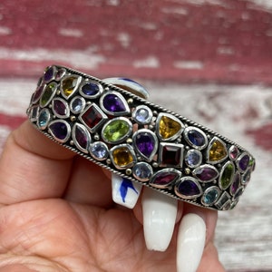 AFFY Multi Color Simulated Gemstones Flower with Bird Bangle Bracelets in Sterling Silver AFFY Multi Color Simulated Gemstones Flower with Bird Bangle Bracelets in Sterling Silver
