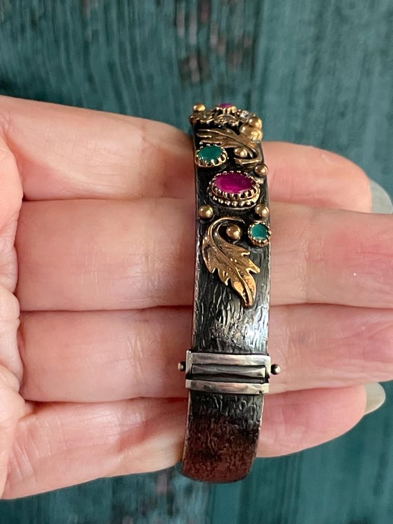 Oxidized Sterling Silver Ruby and Emerald Vintage… - image 4