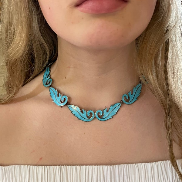 Vintage Taxco Mexico Miguel Arias Sterling Silver Swirl Wave Blue Enamel Choker Necklace Mint Condition Layaway Available