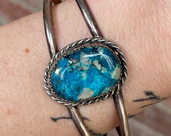 Vintage Sterling Silver & Blue Turquoise with Quartz Navajo Beautiful Cuff Bracelet Layaway Available