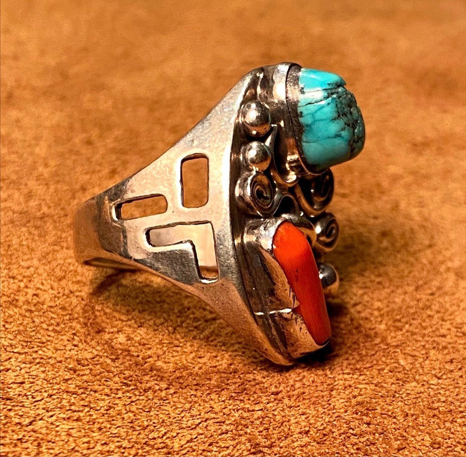 Navajo Sterling Silver and Stunning Turquoise and Coral Ring | Etsy