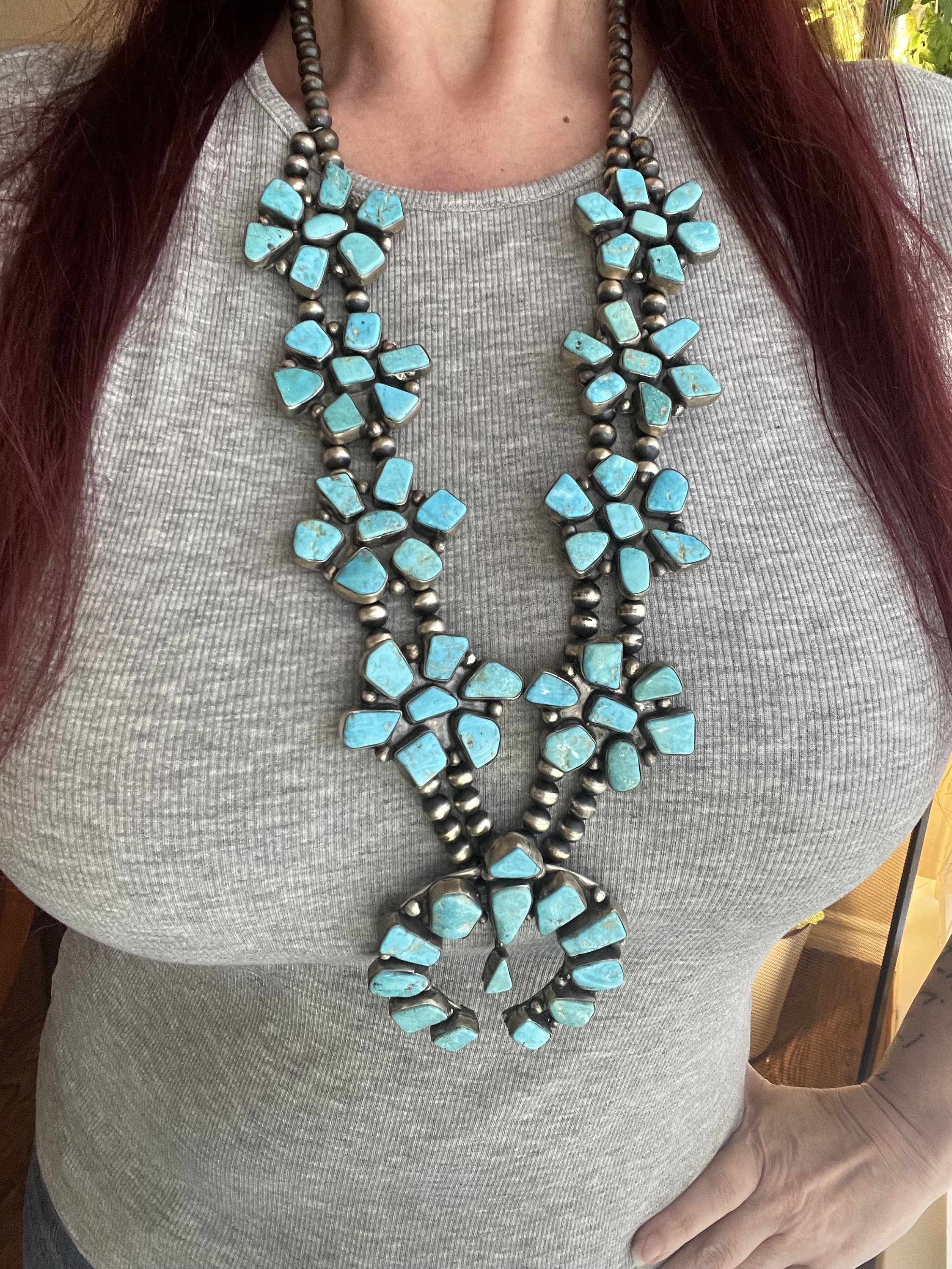TATIANA☆Blossom Pearl Necklace MASSIVE Native American Made by Ella Peter Squash Blossom