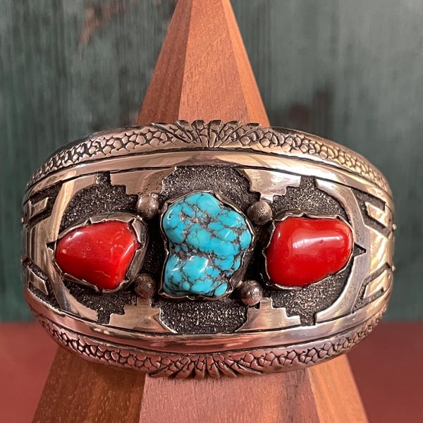 Beautiful Signed Thomas Singer Sterling Silver Coral & Turquoise Vintage Cuff Navajo Native American Bracelet Layaway Available