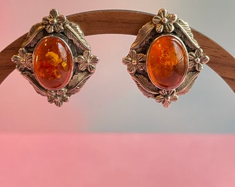 Vintage Carol Felley Sterling Silver and Amber Earrings 1987