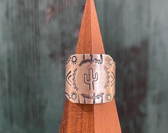 Sterling Silver Southwestern Style Wide Band Cactus  Ring