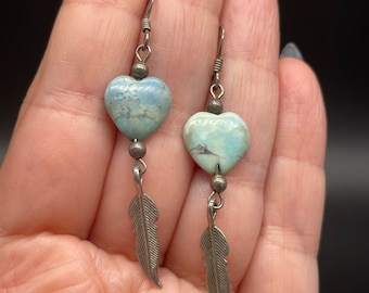 Beautiful Southwestern Style Sterling Silver And Larimar Heart Dangle Earrings