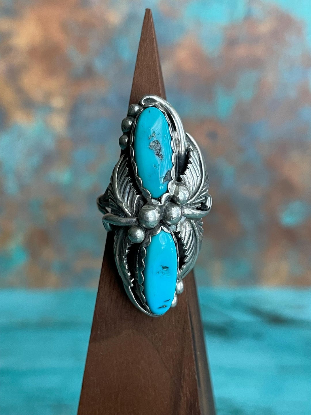 Long Navajo Sterling Silver and Stunning Blue Kingman Turquoise Ring ...