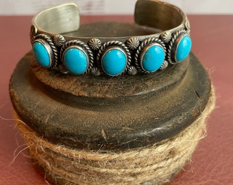 Stunning Navajo Artist Signed Ronald Tom Sterling Silver & Turquoise Multi Stone Stamped Cuff Bracelet Layaway Available