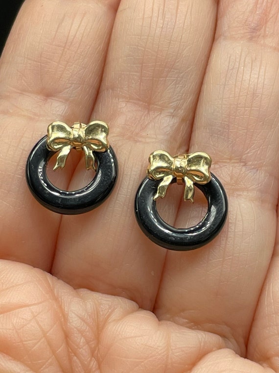 Cute 14K Yellow Gold and Black Onyx Stud Post Bow… - image 2