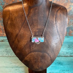 Southwestern Style Pink and Blue Cotton Candy Dahlia Sterling Silver Bar Necklace