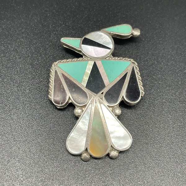 Old Sterling Silver Onyx MOP and Turquoise Zuni Thunderbird Peyote Pendant or Pin So Very Cool Layaway Available