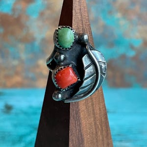 Vintage Navajo Sterling Silver Turquoise & Coral Leaf Ring Layaway Available