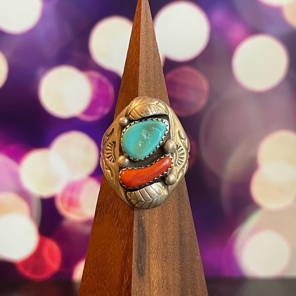 Awesome Native American Sterling Silver Turquoise and Coral Mens Ring Vintage Layaway Available