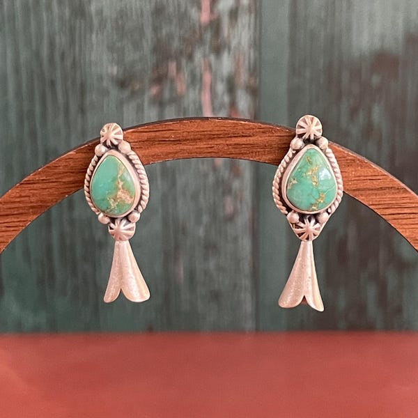 Beautiful Southwestern Sterling Silver And Emerald Valley Turquoise Squash Blossom Earrings