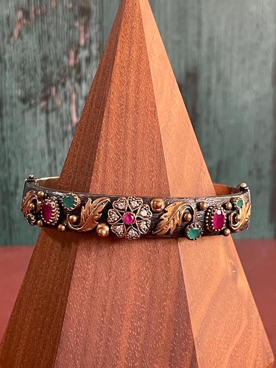 Oxidized Sterling Silver Ruby and Emerald Vintage… - image 1