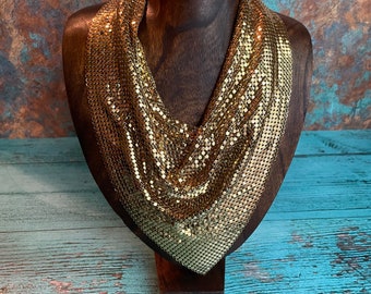 Whiting & Davis Vintage Necklace Chainmail Mesh Bib Gold Tone Estate Rare Signed Costume