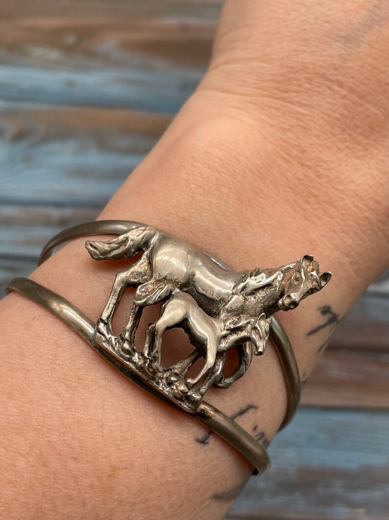 Beautifully Detailed Vintage Sterling Silver Horse with Baby Cuff Bracelet image 2