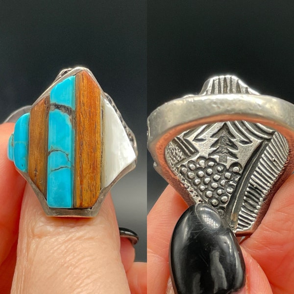 Spectacular Native Sterling Silver Wood Mother of Pearl and Turquoise Inlay Cobblestone Mens Ring Layaway Available