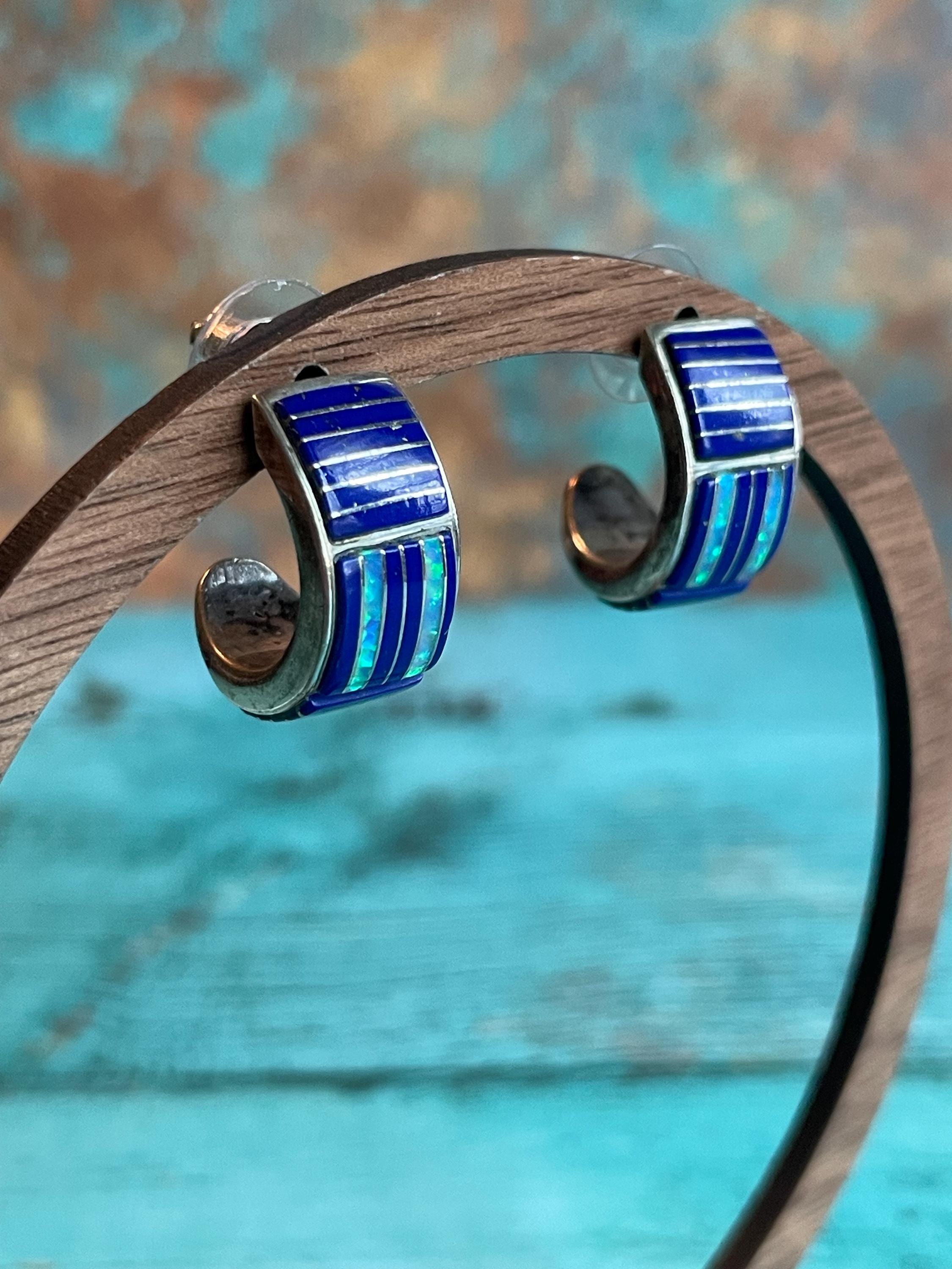 Vintage Sterling Silver Blue Lapis And Opal Inlay Native American Zuni Half Hoop Earrings