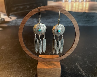 Long Sterling Silver & Turquoise Dangle Southwestern Feather Earrings