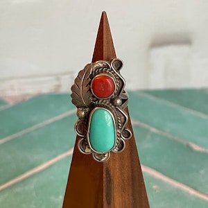 Vintage Navajo Sterling Silver Turquoise & Coral Leaf Ring Layaway Available