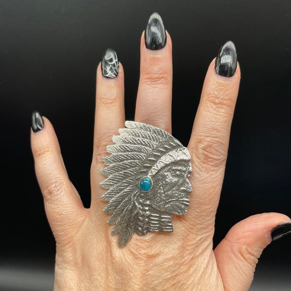Navajo Silversmith Kelsey Jimmie Sterling Silver and Turquoise Indian Chief Ring with Headdress Tufa Cast Layaway Available