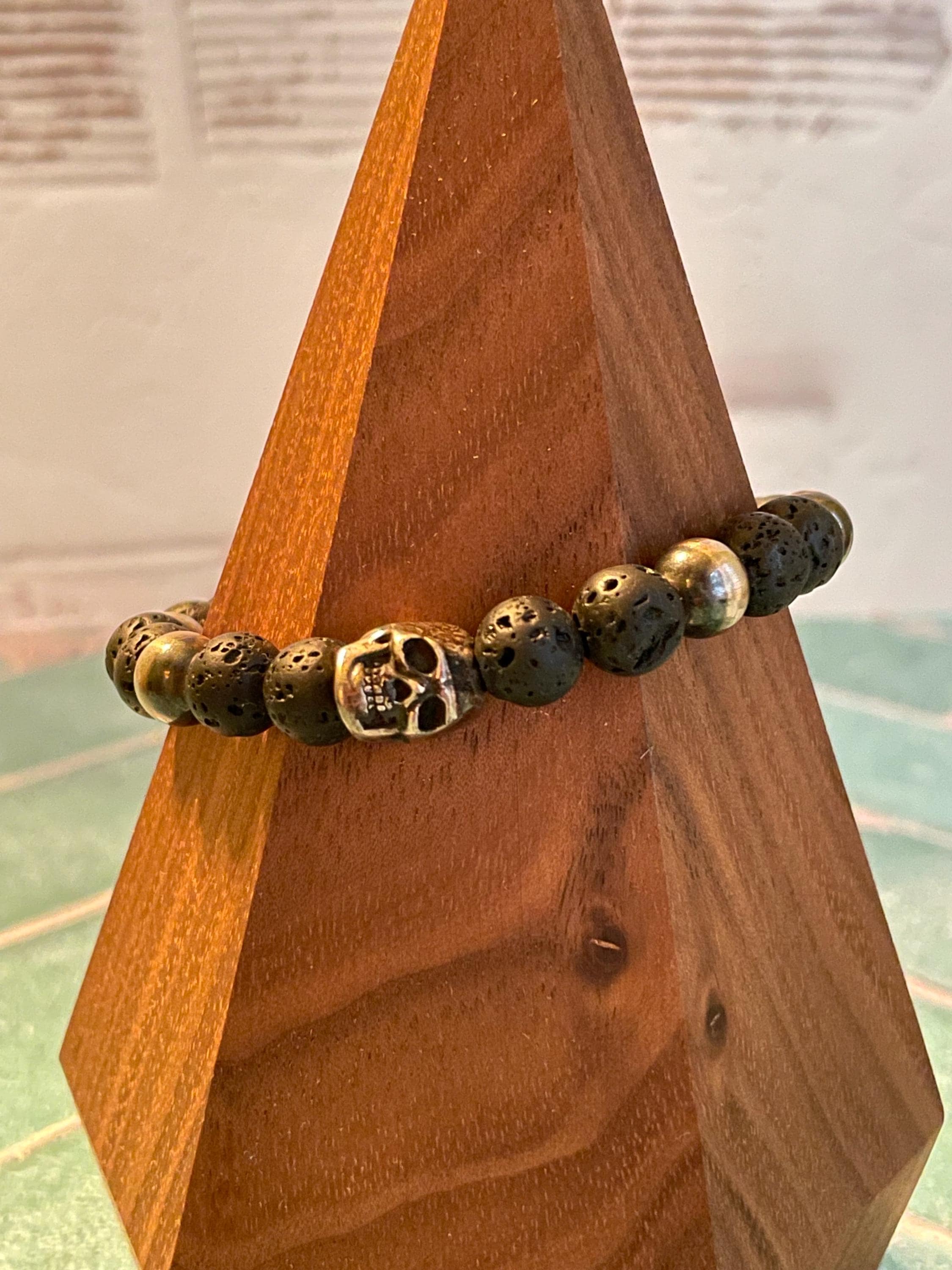 Sterling Silver and Lava Rock Bead Skull Stretch Bracelet