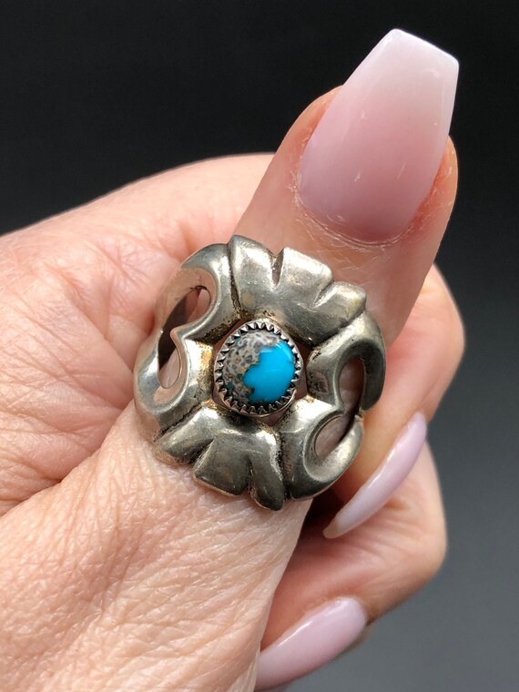 Navajo Sand Cast Sterling Silver and Turquoise Na… - image 4