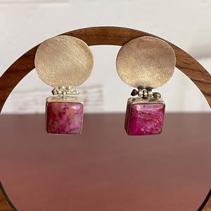 Modernist Artist Cris G Geometric Sterling Silver and Pink Stone Quartz? Earrings