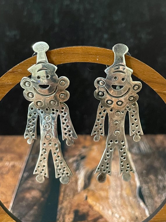 Sterling Silver Vintage Articulated Clown Taxco Dangle Earrings