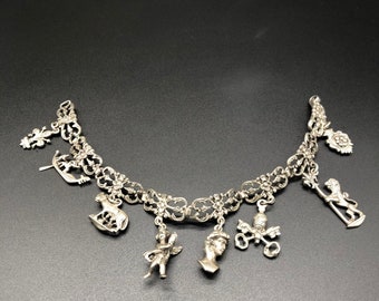 Super Old European Sterling Silver Charm Bracelet with Charms Antique
