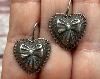 Super Fun Sterling Silver Long Heart with Bows Earrings Dangle