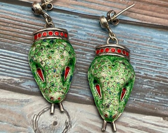 Rare Sterling Silver Melesio Villarreal Taxco Enamel Ornate Snake Earrings Layaway Available
