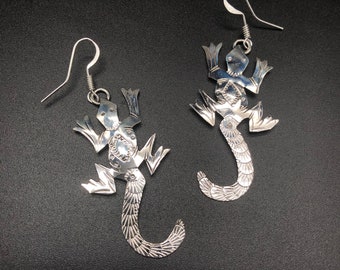 Long Sterling Silver Navajo Lizard Earrings Signed LY