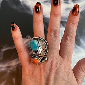 Large Ring Navajo Sterling Silver Turquoise and  Coral Long Leaf Vintage Layaway Available