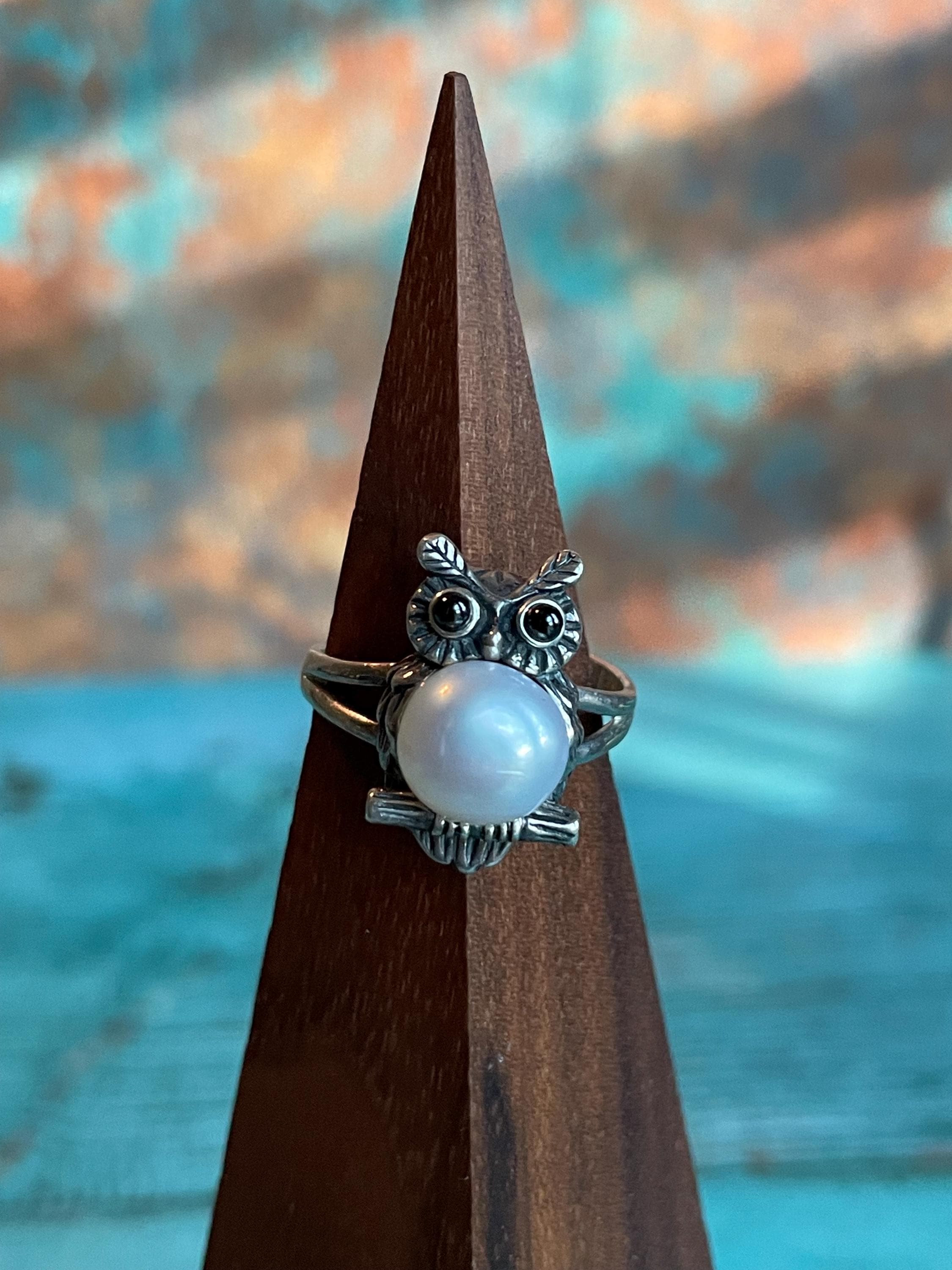 Sterling Silver and Pearl Owl Adjustable Ring by Designer Soms