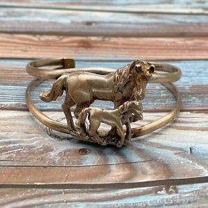 Beautifully Detailed Vintage Sterling Silver Horse with Baby Cuff Bracelet image 1