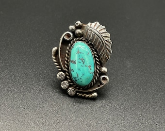 Large Navajo Sterling Silver Turquoise Long Leaf Feather Ring Vintage Layaway Available