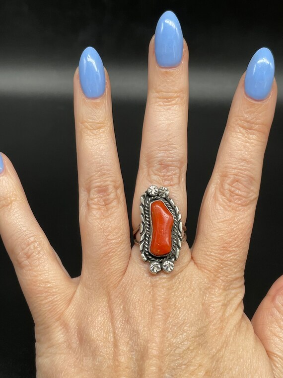 Amazing Navajo Sterling Silver & Blood Red Coral … - image 3