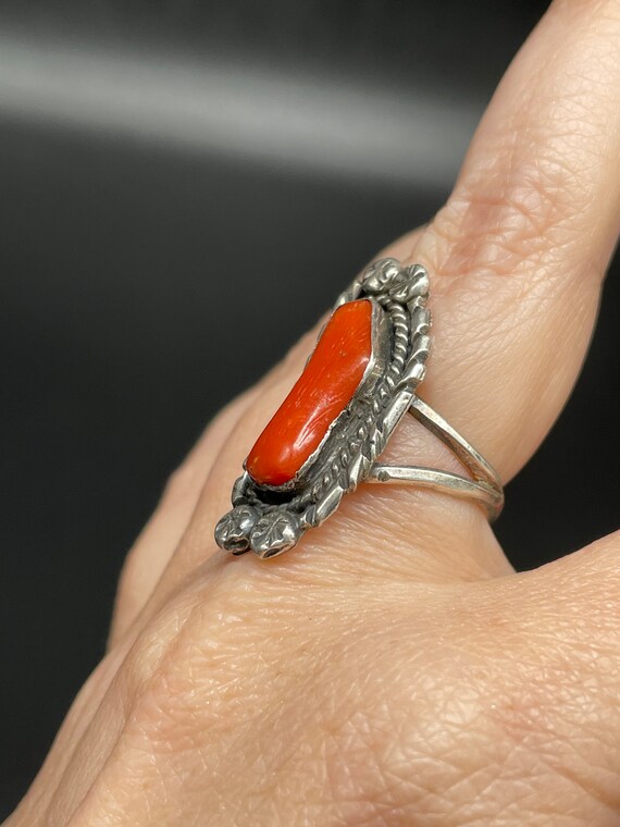 Amazing Navajo Sterling Silver & Blood Red Coral … - image 5