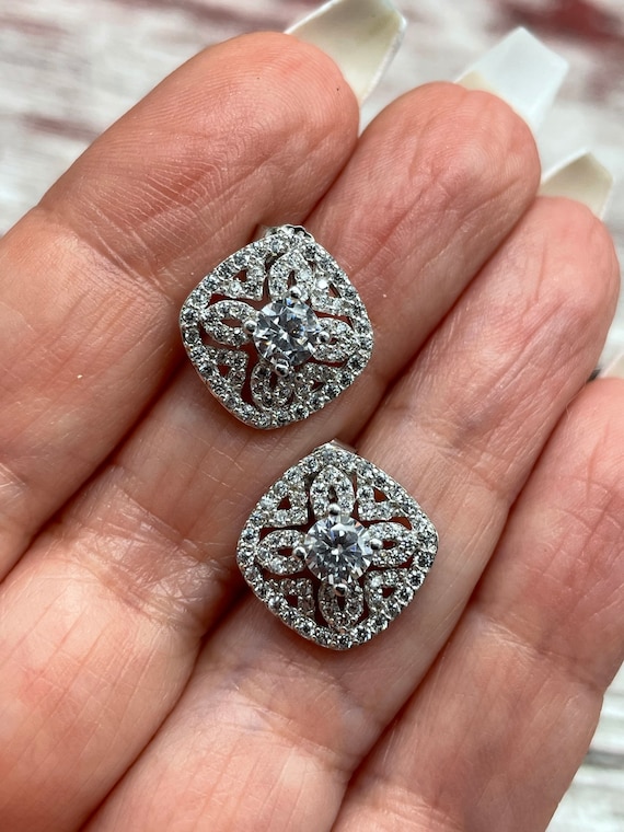 Sterling Silver & CZ Post Earrings Cute and Elega… - image 2