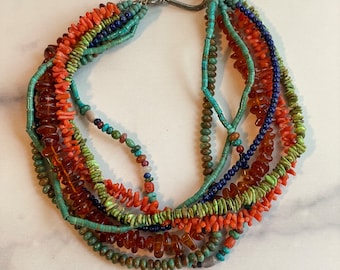 Multi Strand  Branch Coral Lapis Turquoise Gaspeite and Sterling Silver Native Bead Choker Necklace Layaway Available