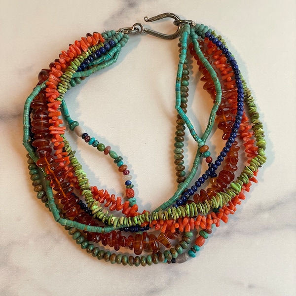 Multi Strand  Branch Coral Lapis Turquoise Gaspeite and Sterling Silver Native Bead Choker Necklace Layaway Available