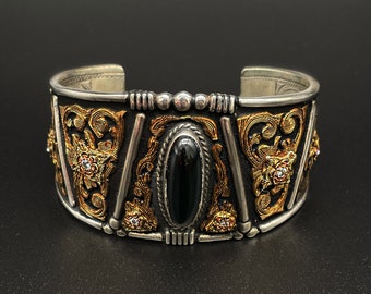 Stunning Sterling Silver 10k 1/10th Gold and Onyx Signed Etched Cuff Bracelet Layaway Available